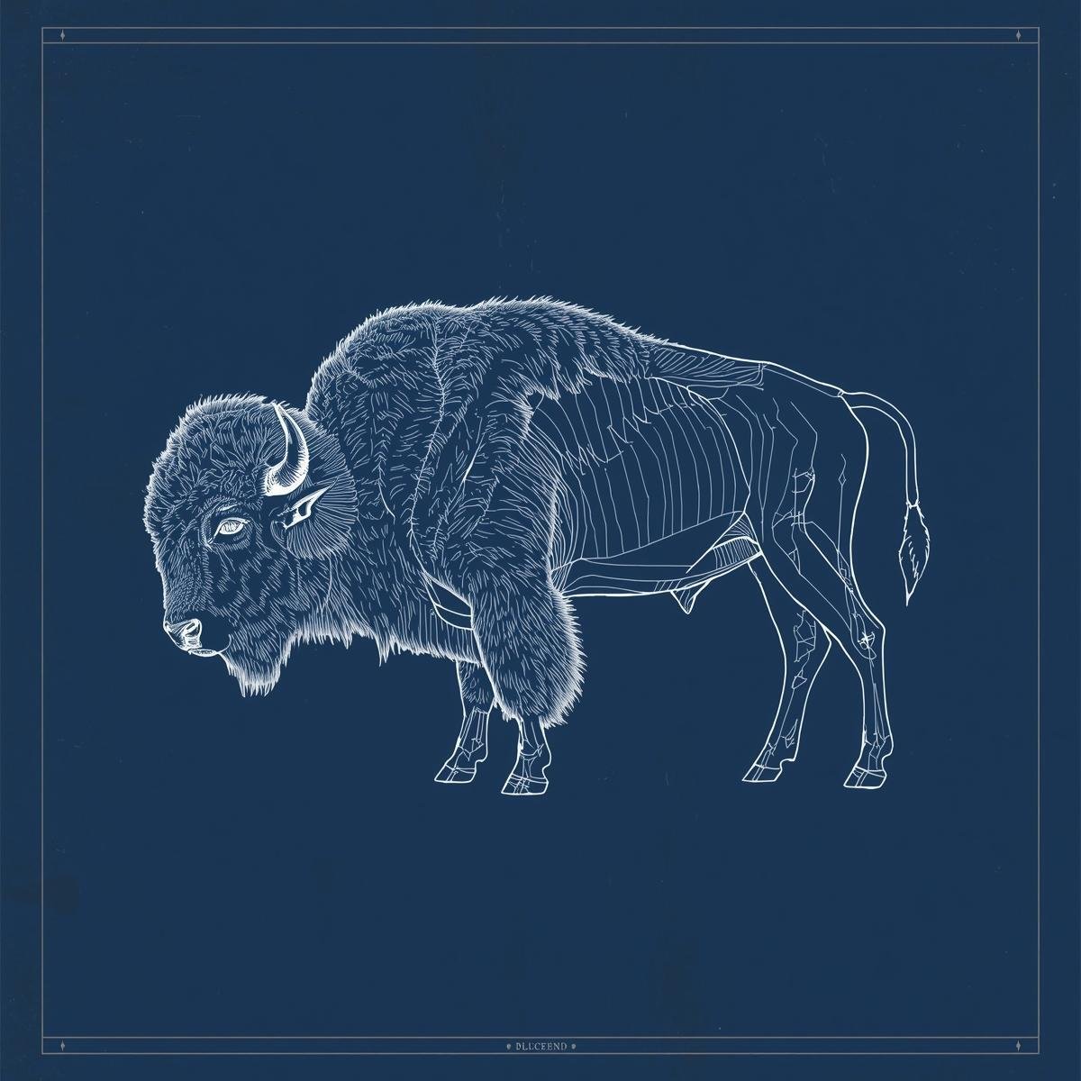 buffalo in blueprint style, dark blue background, no lines, no words buffalo in blueprint style, dark blue background, no lines, no words