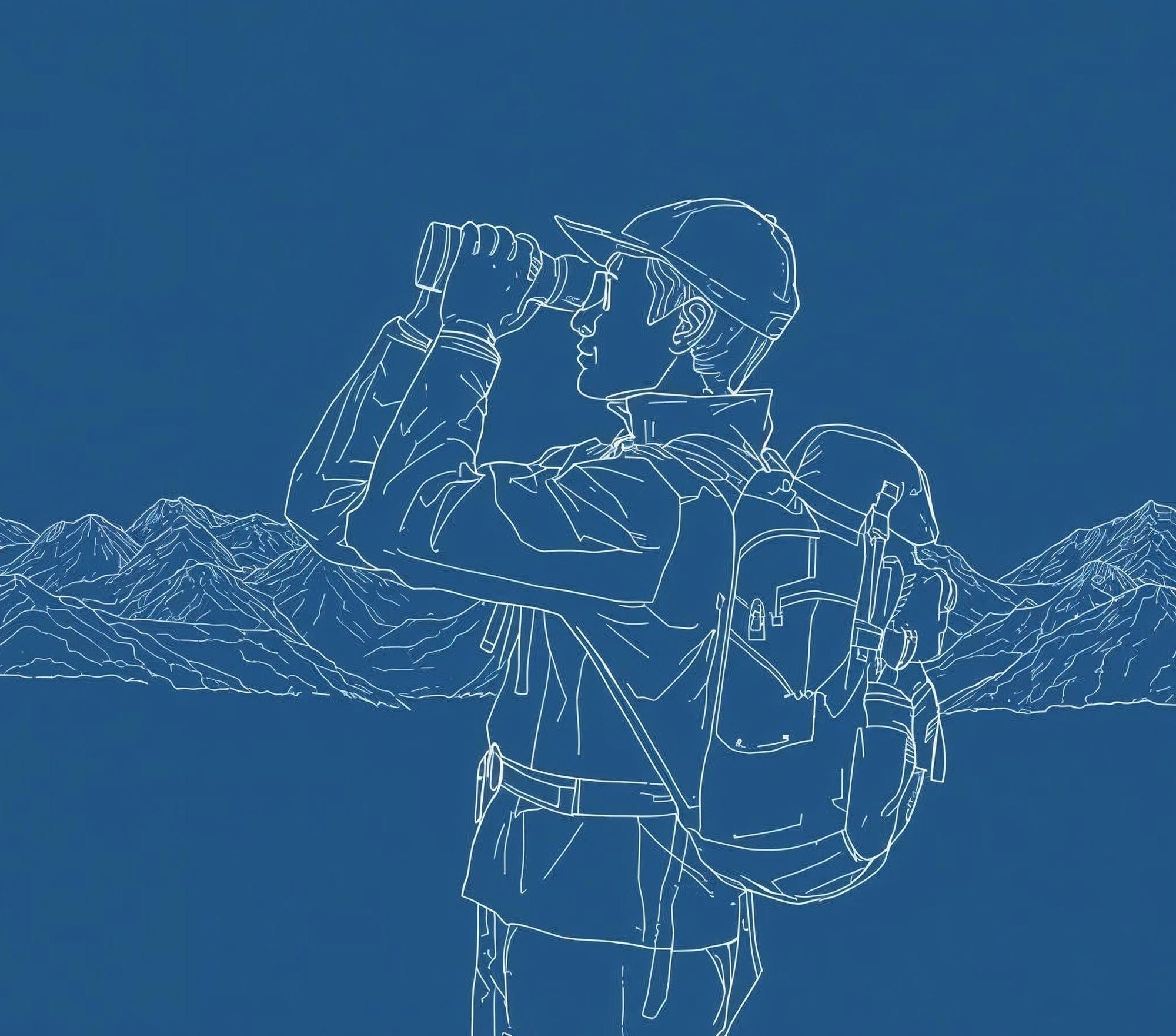 hiker in blueprint style holding binoculars