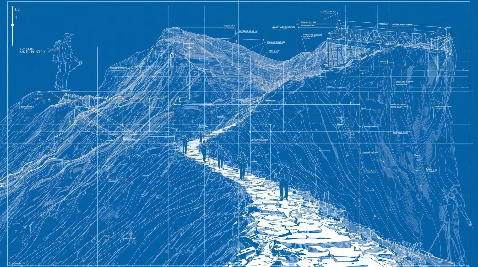 hikers on mountain in style of blueprint (2)
