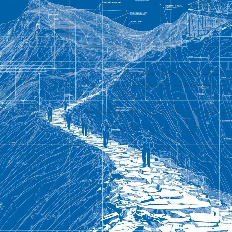 hikers on mountain in style of blueprint
