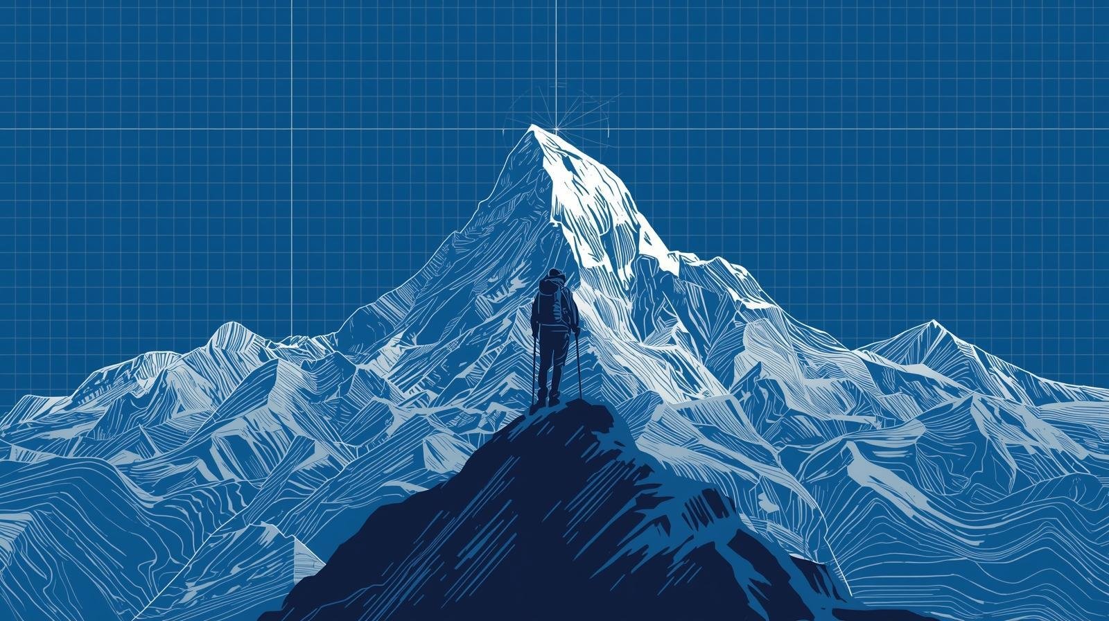 image of hiker standing on mountain with blueprint style (no words)