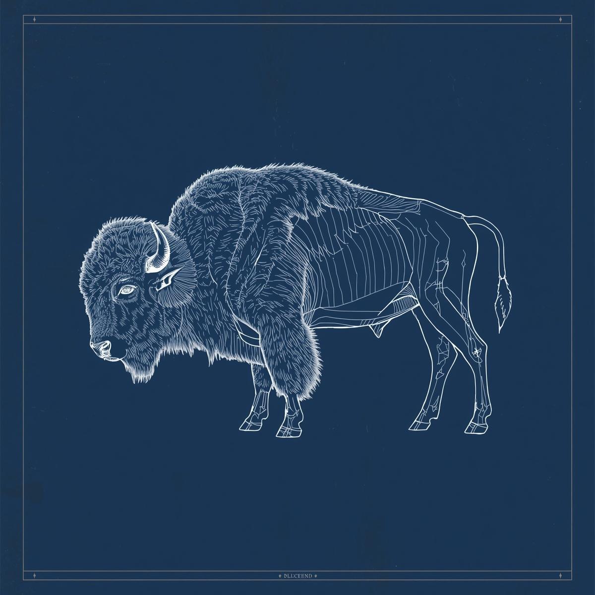 buffalo in blueprint style, dark blue background, no lines, no words buffalo in blueprint style, dark blue background, no lines, no words